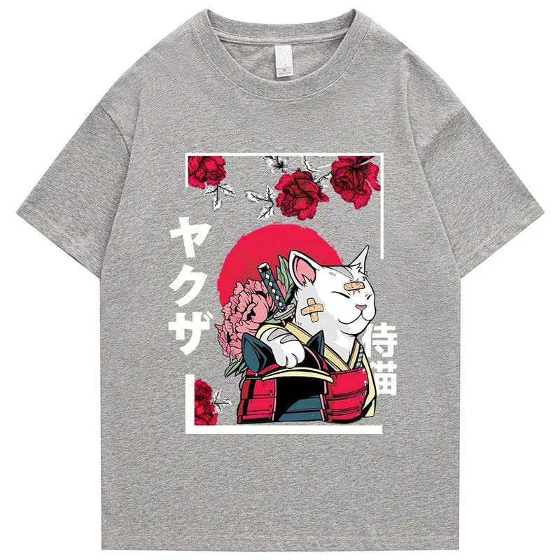 kawaiies-softtoys-plushies-kawaii-plush-Japanese-themed Samurai Cat Rose Kanji Unisex Tee Apparel Gray XS