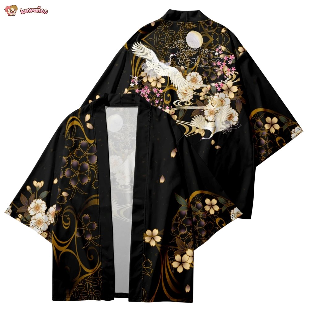 kawaiies-softtoys-plushies-kawaii-plush-Japanese-themed White Crane Black Gold Unisex Kimono Kimono