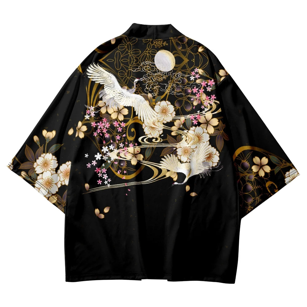 kawaiies-softtoys-plushies-kawaii-plush-Japanese-themed White Crane Black Gold Unisex Kimono Kimono