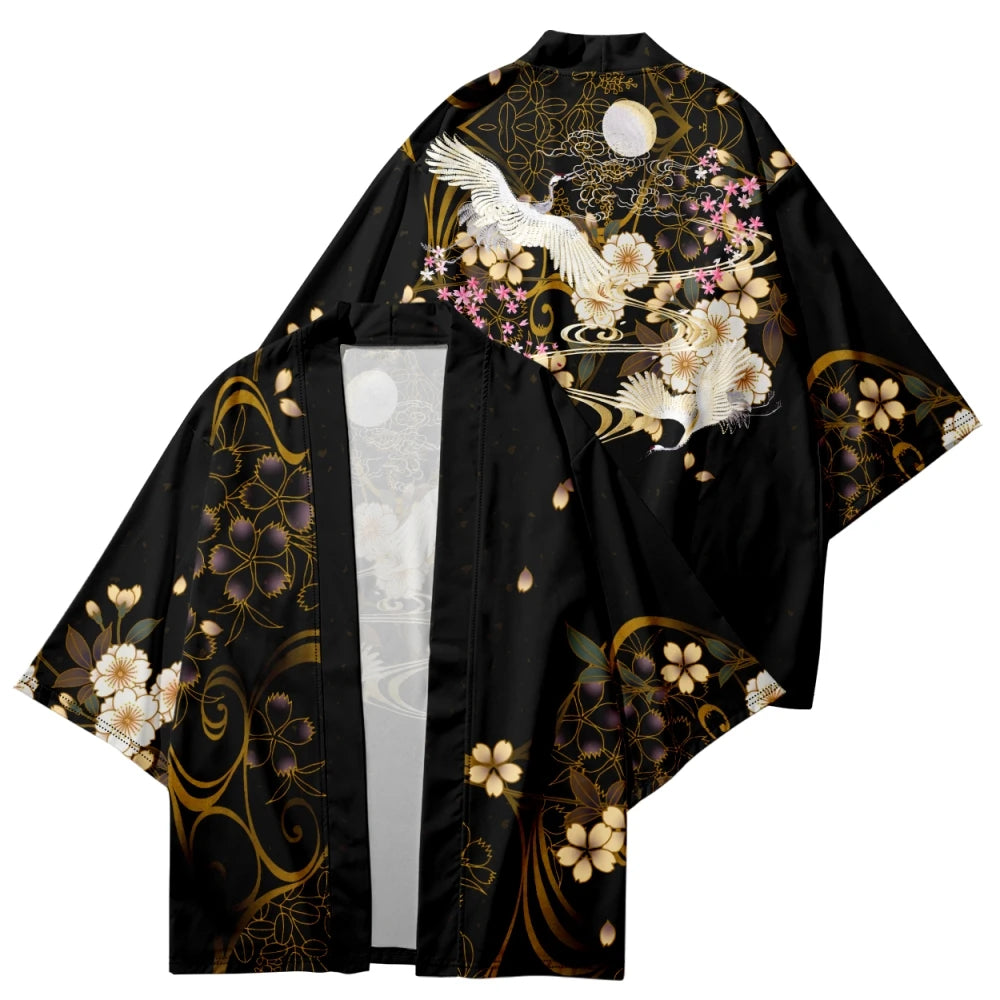 kawaiies-softtoys-plushies-kawaii-plush-Japanese-themed White Crane Black Gold Unisex Kimono Kimono S