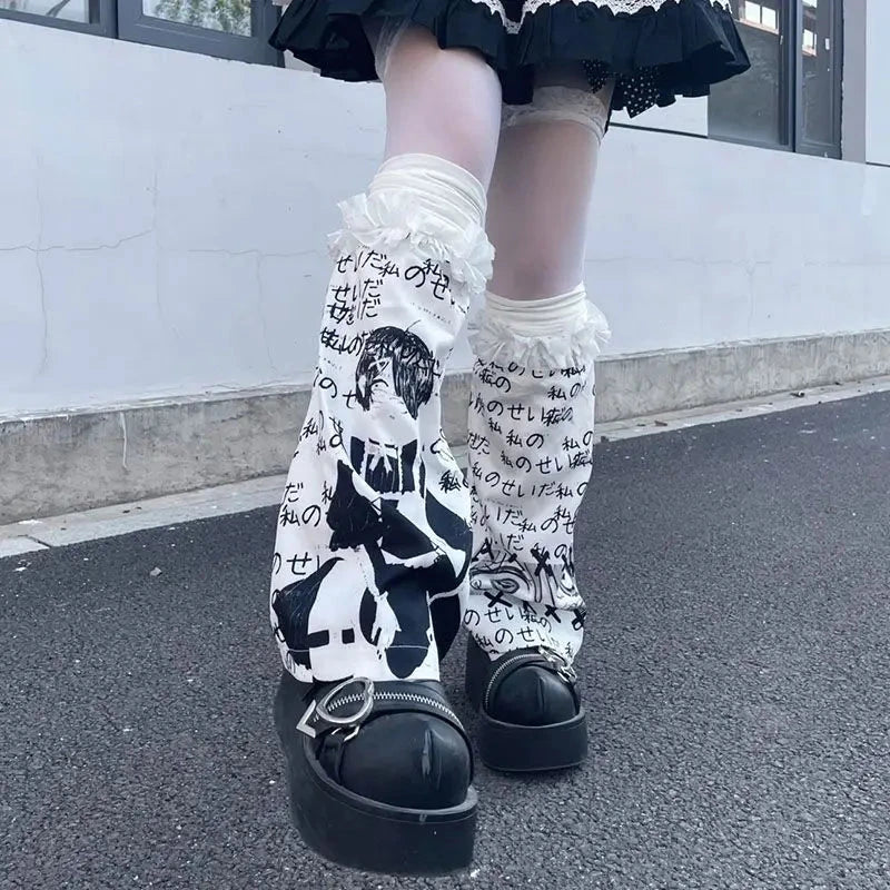 kawaiies-softtoys-plushies-kawaii-plush-Japanese-themed Y2K Gothic Lolita White Black Ruffles Women's Leg Warmers Apparel