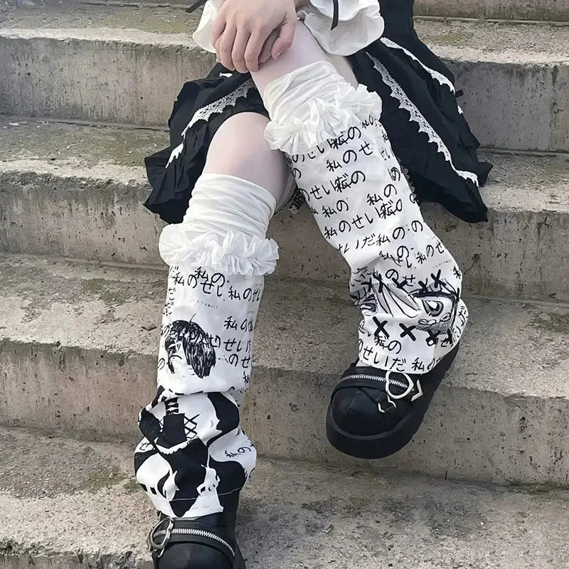 kawaiies-softtoys-plushies-kawaii-plush-Japanese-themed Y2K Gothic Lolita White Black Ruffles Women's Leg Warmers Apparel Beige One Size