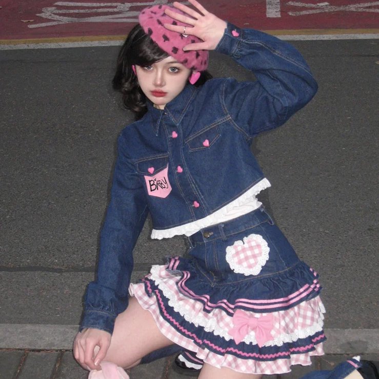 kawaiies-softtoys-plushies-kawaii-plush-Kawaii Harajuku Japanese-themed Lolita Mini Denim Checked Women's Skirt Apparel Dark S