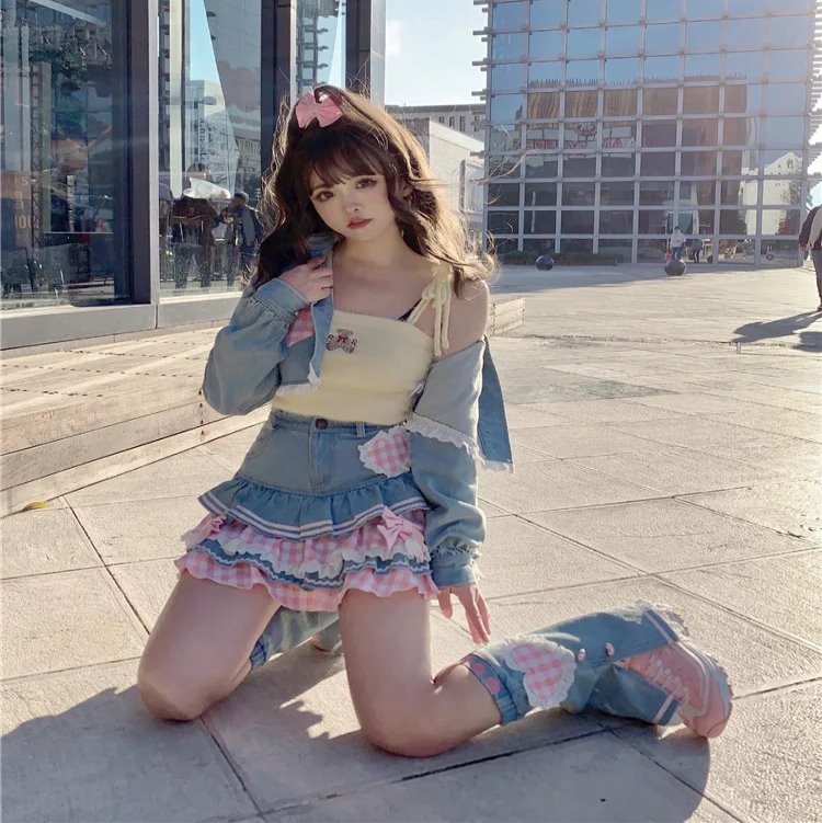 kawaiies-softtoys-plushies-kawaii-plush-Kawaii Harajuku Japanese-themed Lolita Mini Denim Checked Women's Skirt Apparel Light S