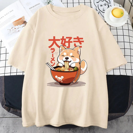 kawaiies-softtoys-plushies-kawaii-plush-Kawaii Shiba Inu Eating Ramen Unisex Tee Apparel Cream XS