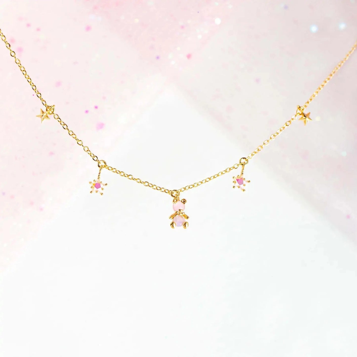 kawaiies-softtoys-plushies-kawaii-plush-Kawaii Starry Bear Pink 18K Gold-Plated Station Necklace Jewelry