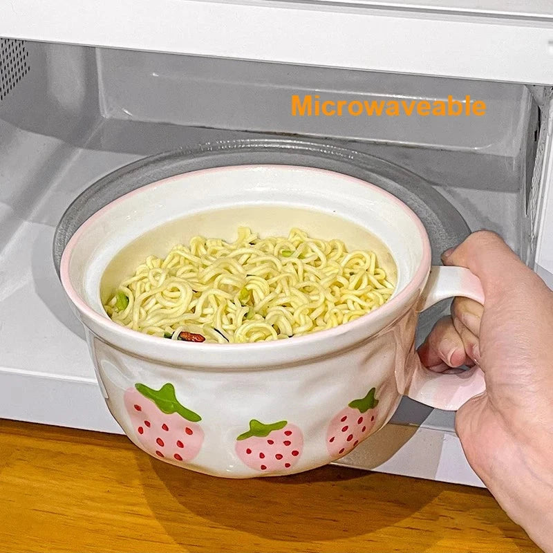 kawaiies-softtoys-plushies-kawaii-plush-Kawaii Strawberry Giant Ceramic Ramen Bowl with Lid (700ML) Home Decor