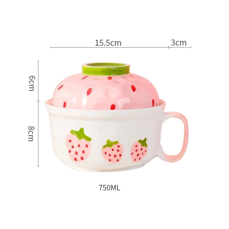 kawaiies-softtoys-plushies-kawaii-plush-Kawaii Strawberry Giant Ceramic Ramen Bowl with Lid (700ML) Home Decor