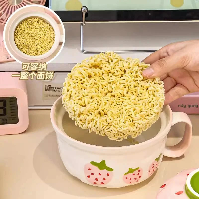 kawaiies-softtoys-plushies-kawaii-plush-Kawaii Strawberry Giant Ceramic Ramen Bowl with Lid (700ML) Home Decor