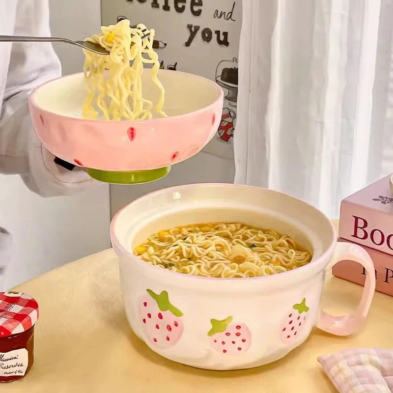 kawaiies-softtoys-plushies-kawaii-plush-Kawaii Strawberry Giant Ceramic Ramen Bowl with Lid (700ML) Home Decor