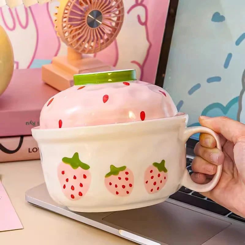 kawaiies-softtoys-plushies-kawaii-plush-Kawaii Strawberry Giant Ceramic Ramen Bowl with Lid (700ML) Home Decor Bowl