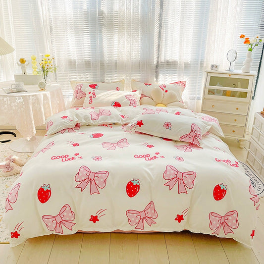 kawaiies-softtoys-plushies-kawaii-plush-Kawaii Strawberry Print 120gsm Polyester Bedding Sets | NEW Bedding Sets Single Bow