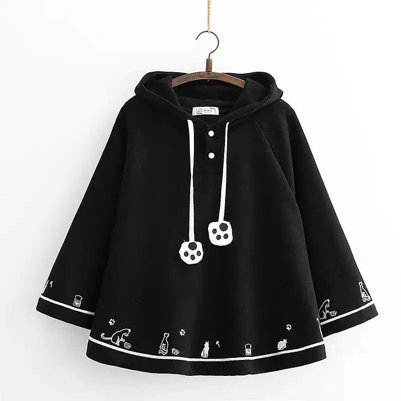 kawaiies-softtoys-plushies-kawaii-plush-Kawaii White Black Hooded Cat Ears Oversized Ponchos Coats Apparel