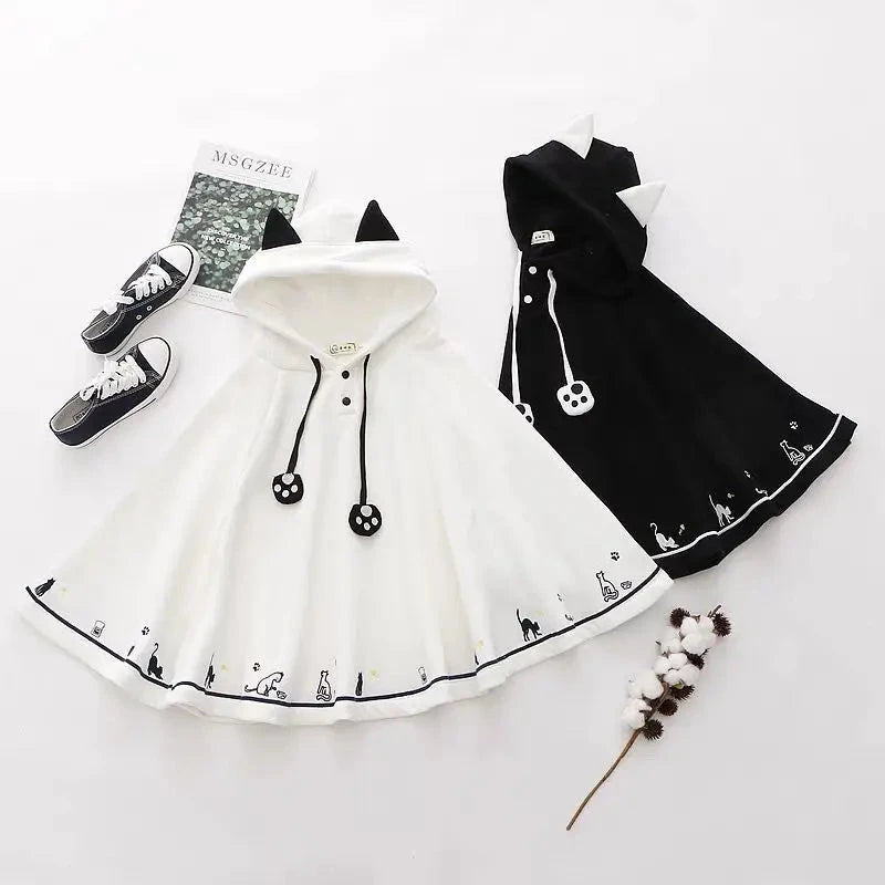 kawaiies-softtoys-plushies-kawaii-plush-Kawaii White Black Hooded Cat Ears Oversized Ponchos Coats Apparel