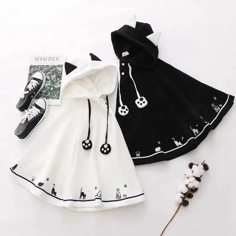 kawaiies-softtoys-plushies-kawaii-plush-Kawaii White Black Hooded Cat Ears Oversized Ponchos Coats Apparel