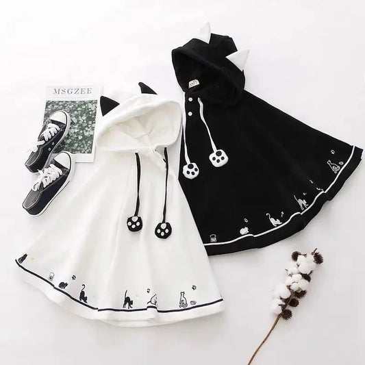 kawaiies-softtoys-plushies-kawaii-plush-Kawaii White Black Hooded Cat Ears Oversized Ponchos Coats Apparel