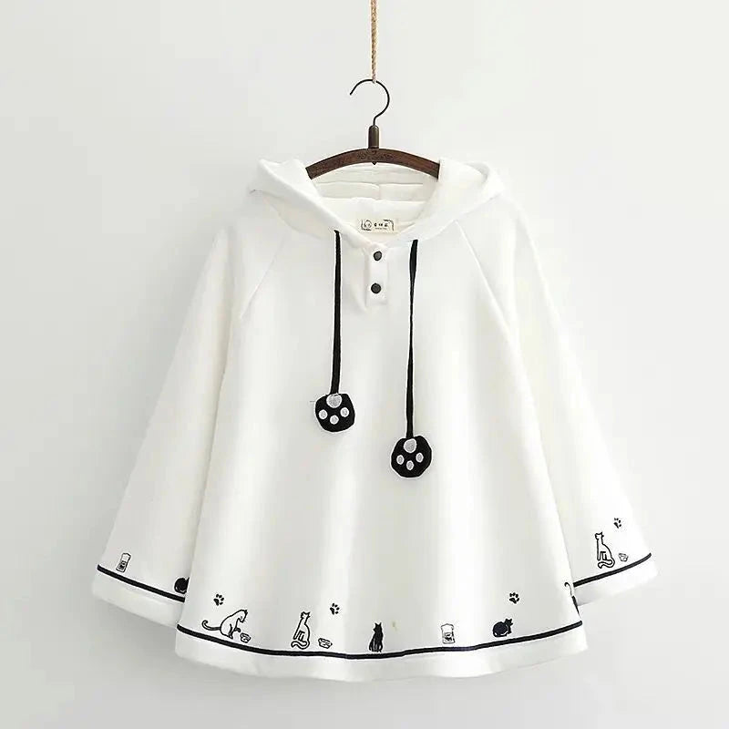 kawaiies-softtoys-plushies-kawaii-plush-Kawaii White Black Hooded Cat Ears Oversized Ponchos Coats Apparel