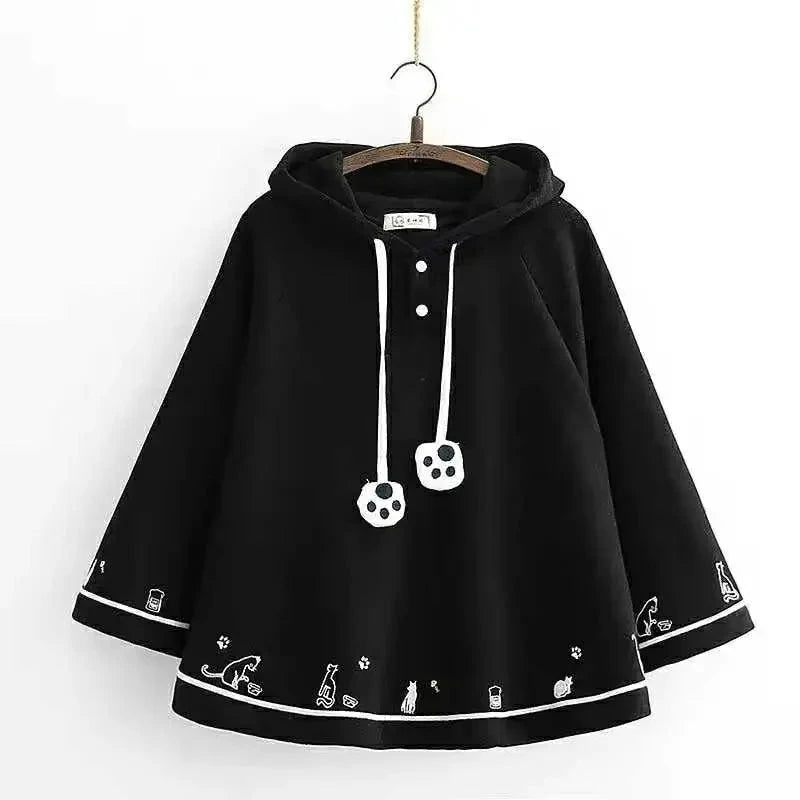 kawaiies-softtoys-plushies-kawaii-plush-Kawaii White Black Hooded Cat Ears Oversized Ponchos Coats Apparel Black Normal S