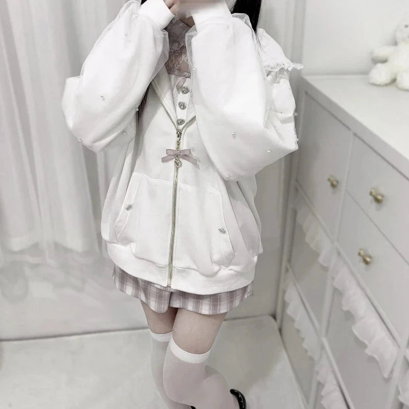 kawaiies-softtoys-plushies-kawaii-plush-Lace Bunny Ears Black White Zip-up Hoodies Apparel