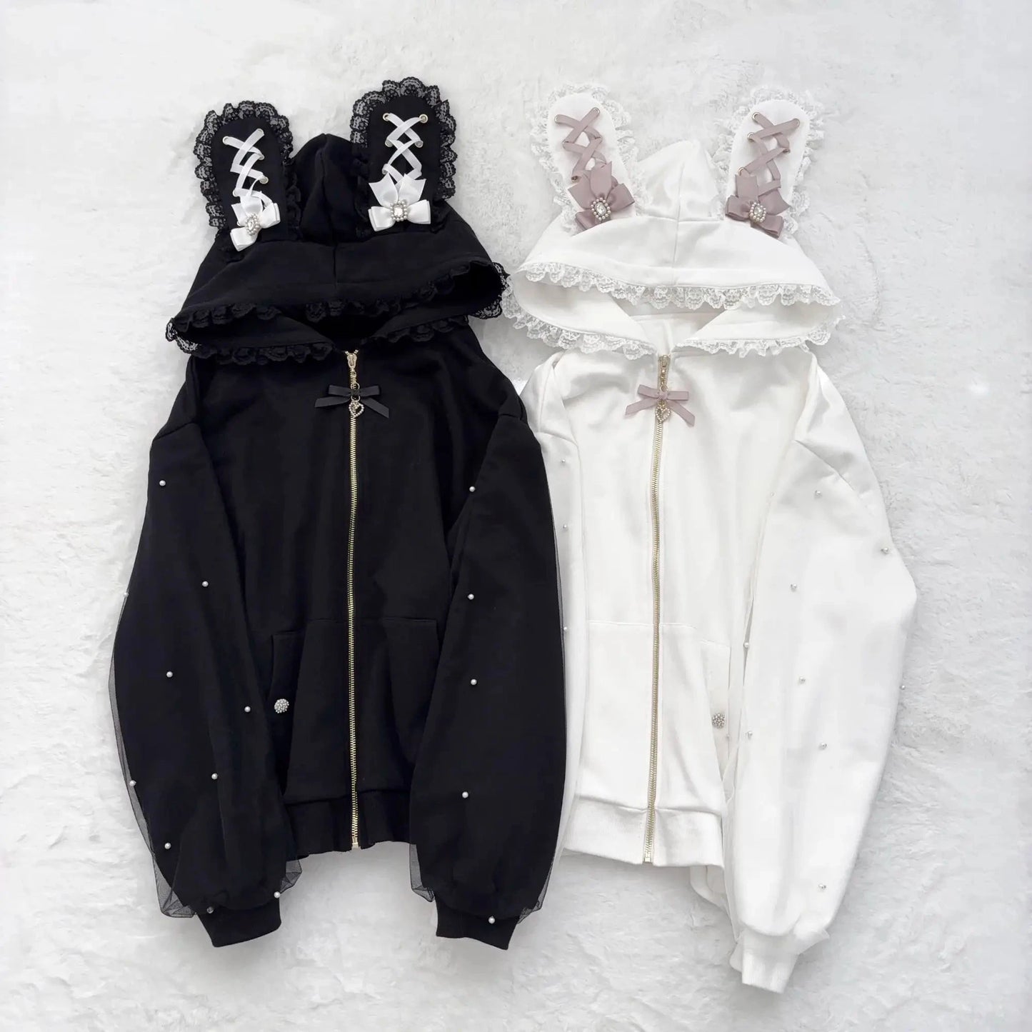 kawaiies-softtoys-plushies-kawaii-plush-Lace Bunny Ears Black White Zip-up Hoodies Apparel