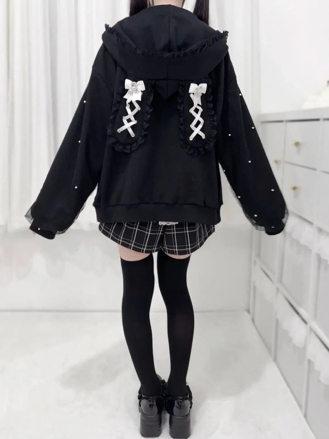 kawaiies-softtoys-plushies-kawaii-plush-Lace Bunny Ears Black White Zip-up Hoodies Apparel