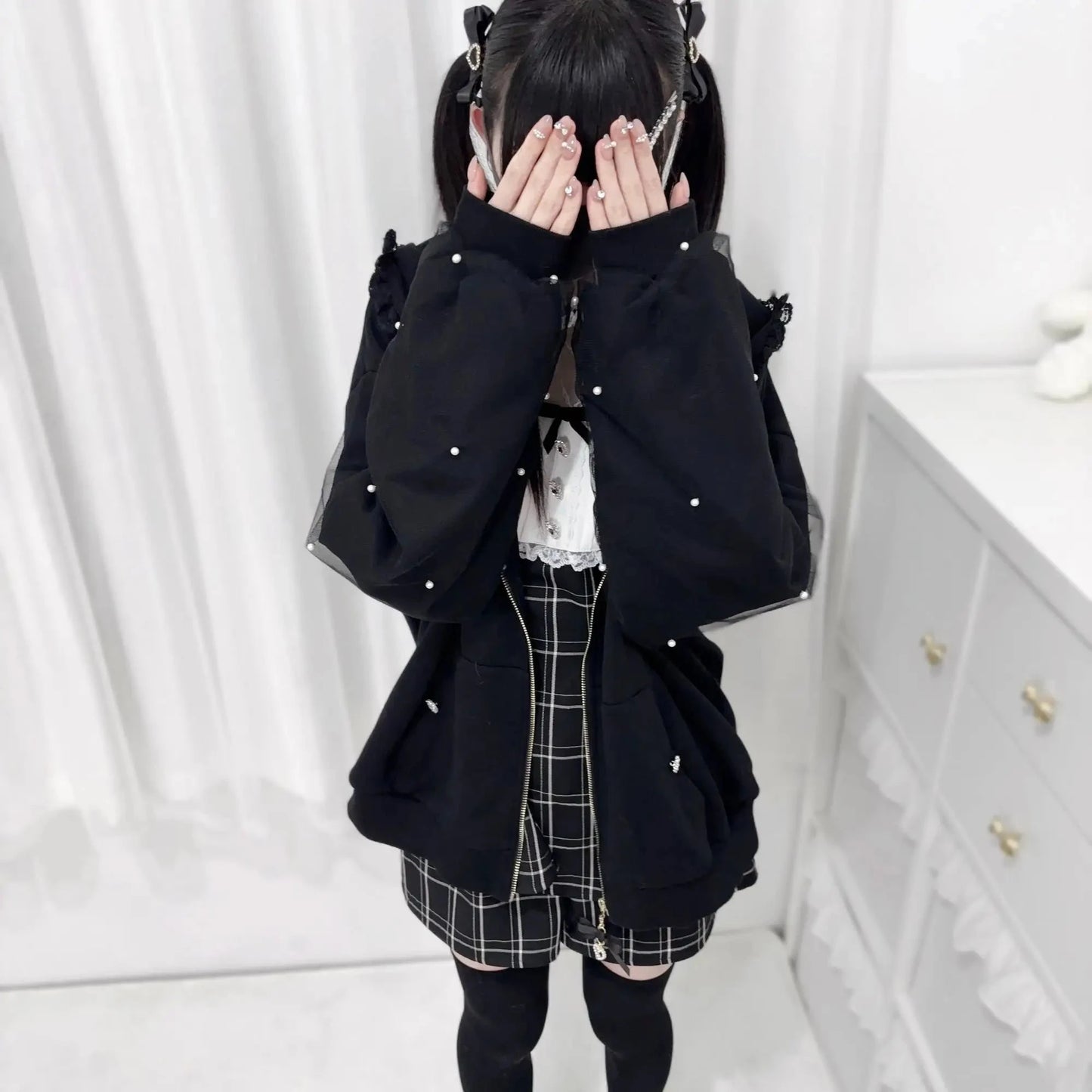 kawaiies-softtoys-plushies-kawaii-plush-Lace Bunny Ears Black White Zip-up Hoodies Apparel Black S (4)