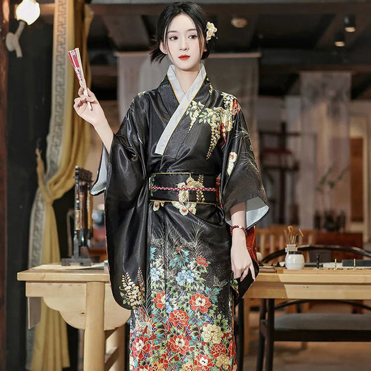 kawaiies-softtoys-plushies-kawaii-plush-Long Traditional Japanese-themed Beautiful Floral Women's Kimono Kimono Black