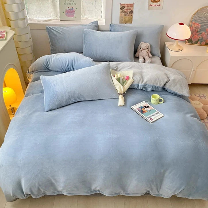 kawaiies-softtoys-plushies-kawaii-plush-Milky Blue Brown Velvet Fleece 350gsm Bedding Sets Home Decor