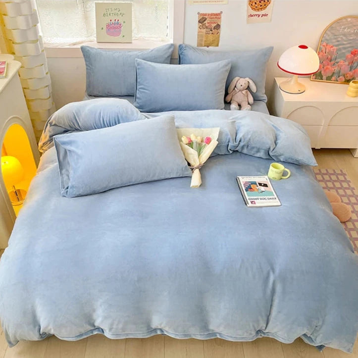 kawaiies-softtoys-plushies-kawaii-plush-Milky Blue Brown Velvet Fleece 350gsm Bedding Sets Home Decor