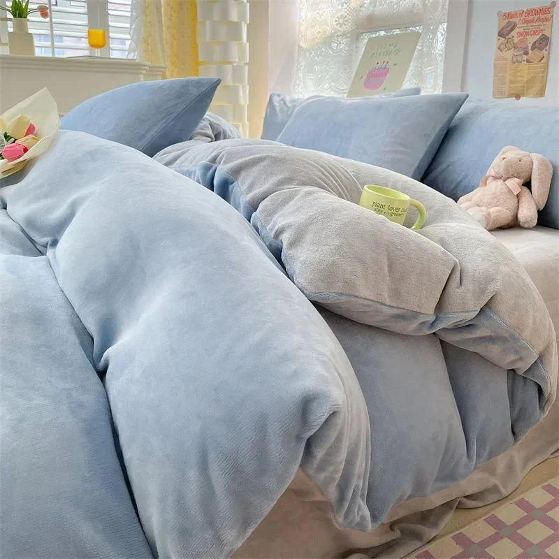 kawaiies-softtoys-plushies-kawaii-plush-Milky Blue Brown Velvet Fleece 350gsm Bedding Sets Home Decor Blue Gray Single