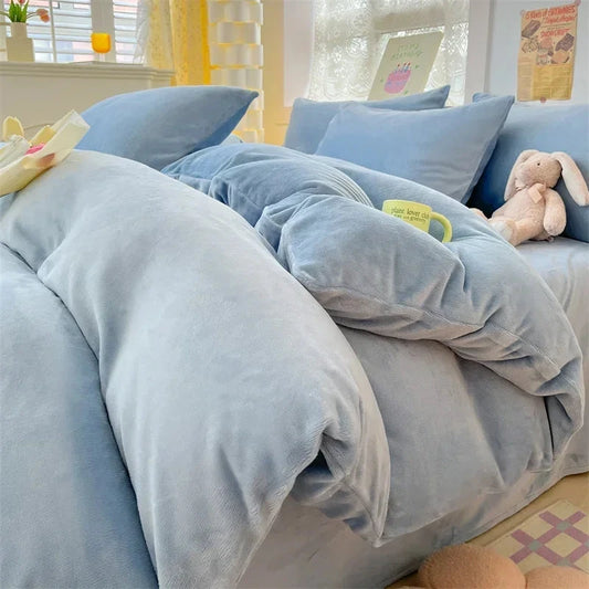 kawaiies-softtoys-plushies-kawaii-plush-Milky Blue Brown Velvet Fleece 350gsm Bedding Sets Home Decor Blue Single