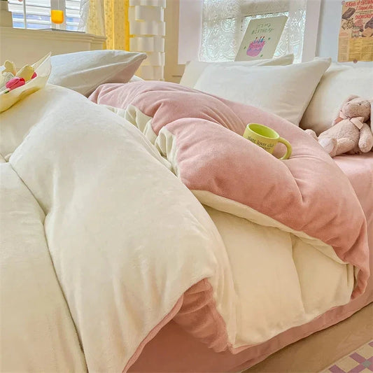 kawaiies-softtoys-plushies-kawaii-plush-Milky Pink Brown Velvet Fleece 350gsm Bedding Sets Home Decor Single Pink