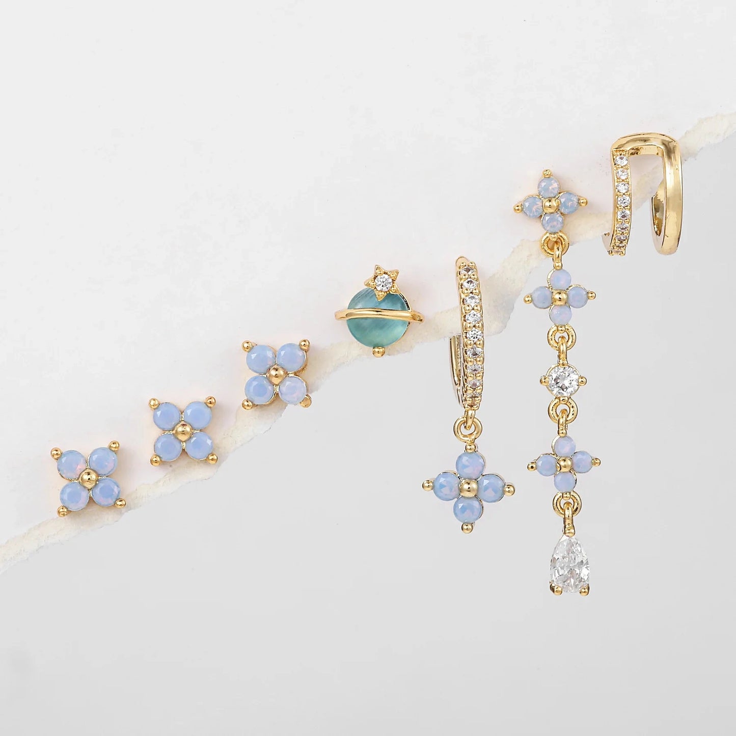 kawaiies-softtoys-plushies-kawaii-plush-Mini Baby Blue Flower 18K Gold-Plated Earrings (7pc Set) Jewelry