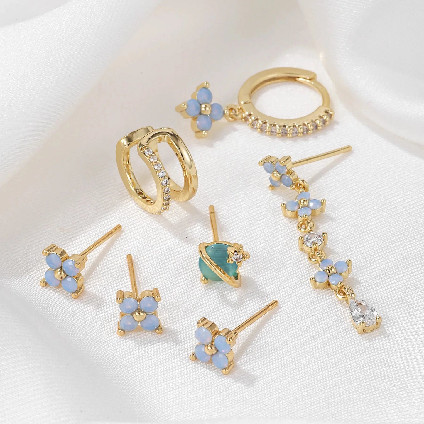 kawaiies-softtoys-plushies-kawaii-plush-Mini Baby Blue Flower 18K Gold-Plated Earrings (7pc Set) Jewelry