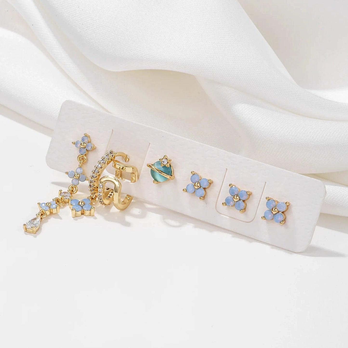 kawaiies-softtoys-plushies-kawaii-plush-Mini Baby Blue Flower 18K Gold-Plated Earrings (7pc Set) Jewelry