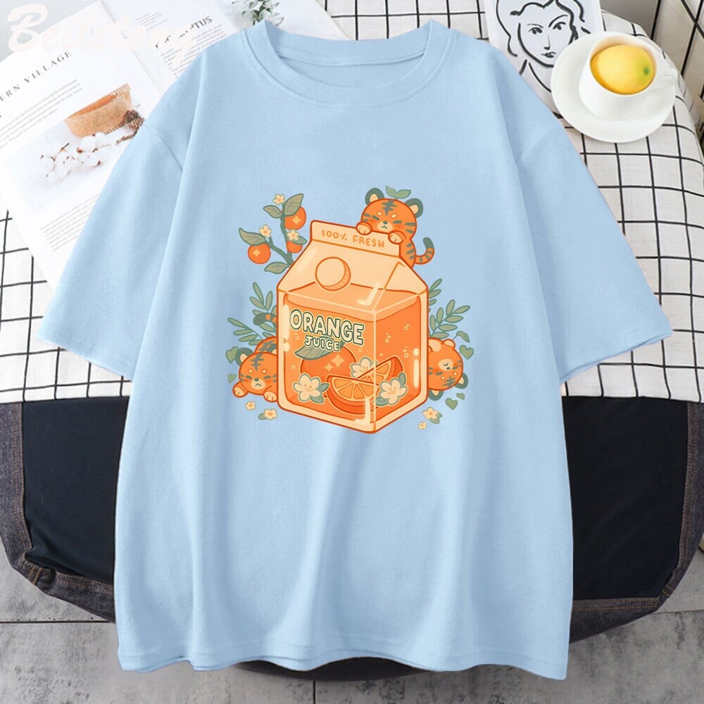 kawaiies-softtoys-plushies-kawaii-plush-Orange Juice Kawaii Unisex Tee Apparel Blue XS
