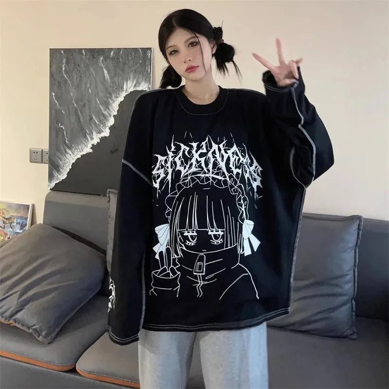 kawaiies-softtoys-plushies-kawaii-plush-Oversized Harajuku Gothic "Sickness" Anime Girl White Black Tee Apparel