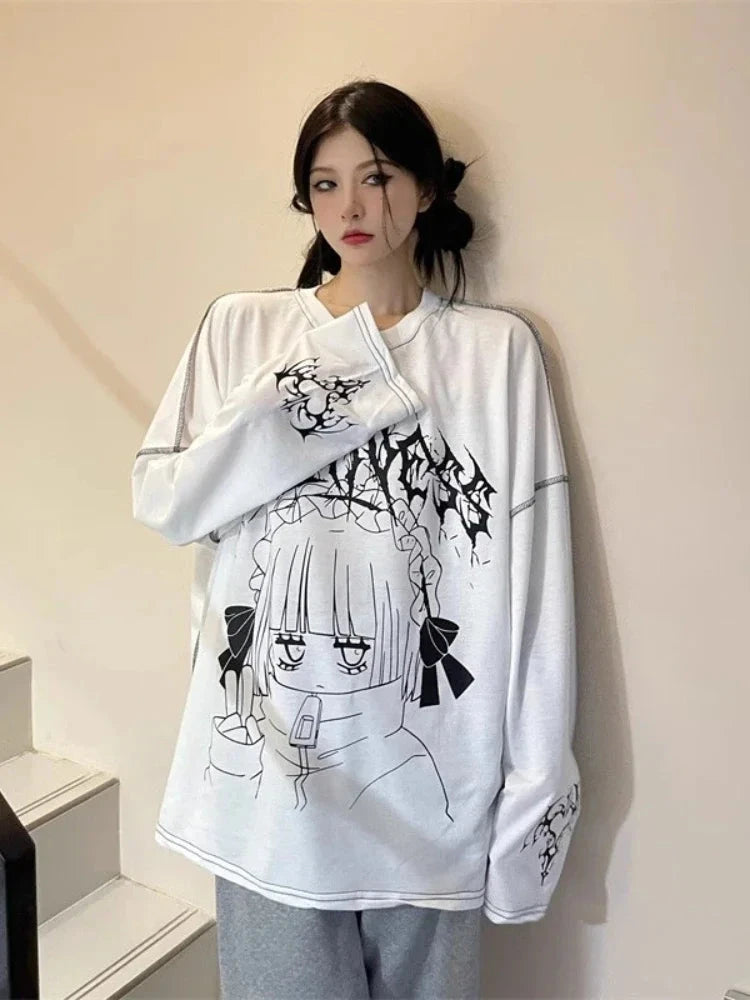 kawaiies-softtoys-plushies-kawaii-plush-Oversized Harajuku Gothic "Sickness" Anime Girl White Black Tee Apparel