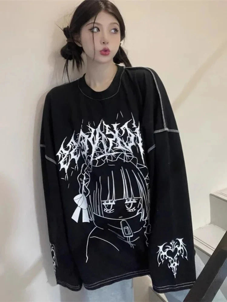 kawaiies-softtoys-plushies-kawaii-plush-Oversized Harajuku Gothic "Sickness" Anime Girl White Black Tee Apparel