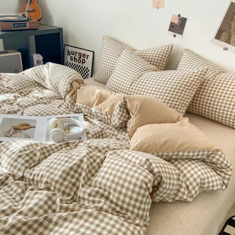 kawaiies-softtoys-plushies-kawaii-plush-Pastel Checked Plaid Bedding Set Collection without Bed Sheet Home Decor Brown Single