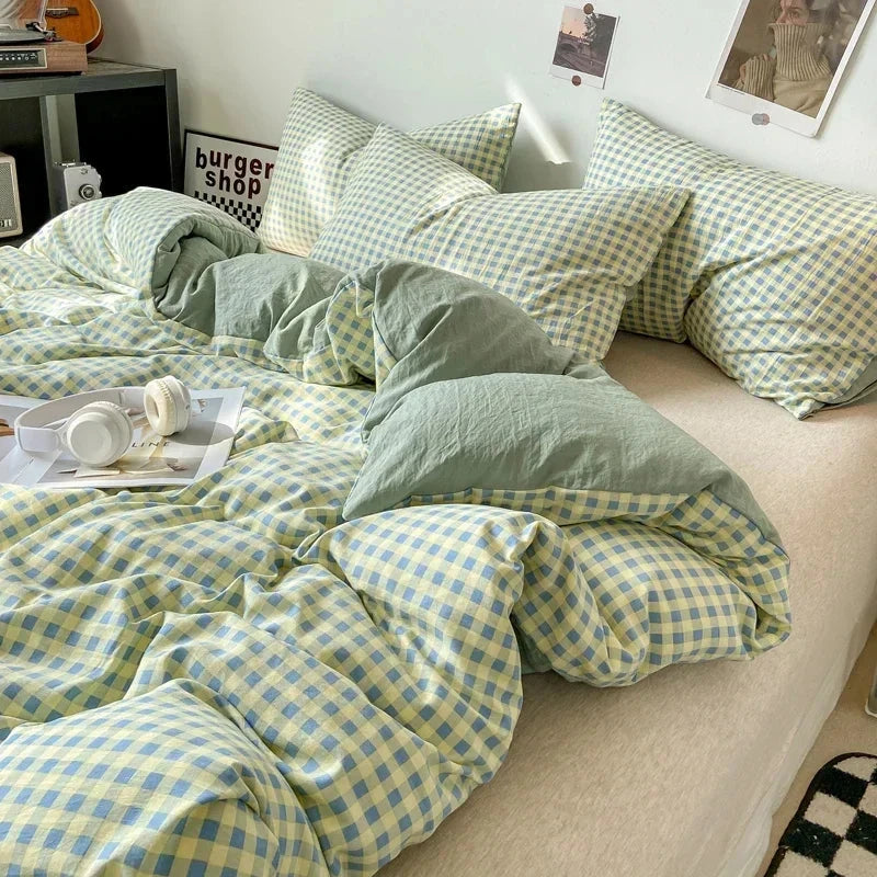 kawaiies-softtoys-plushies-kawaii-plush-Pastel Checked Plaid Bedding Set Collection without Bed Sheet Home Decor Green Single