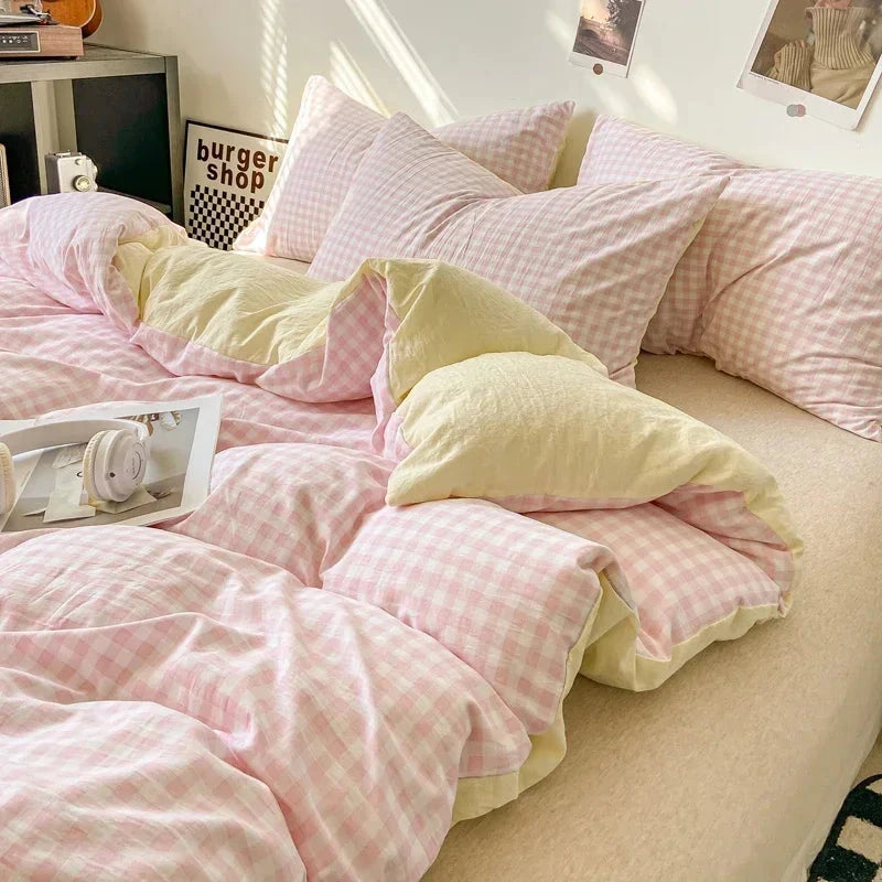 kawaiies-softtoys-plushies-kawaii-plush-Pastel Checked Plaid Bedding Set Collection without Bed Sheet Home Decor Pink Single