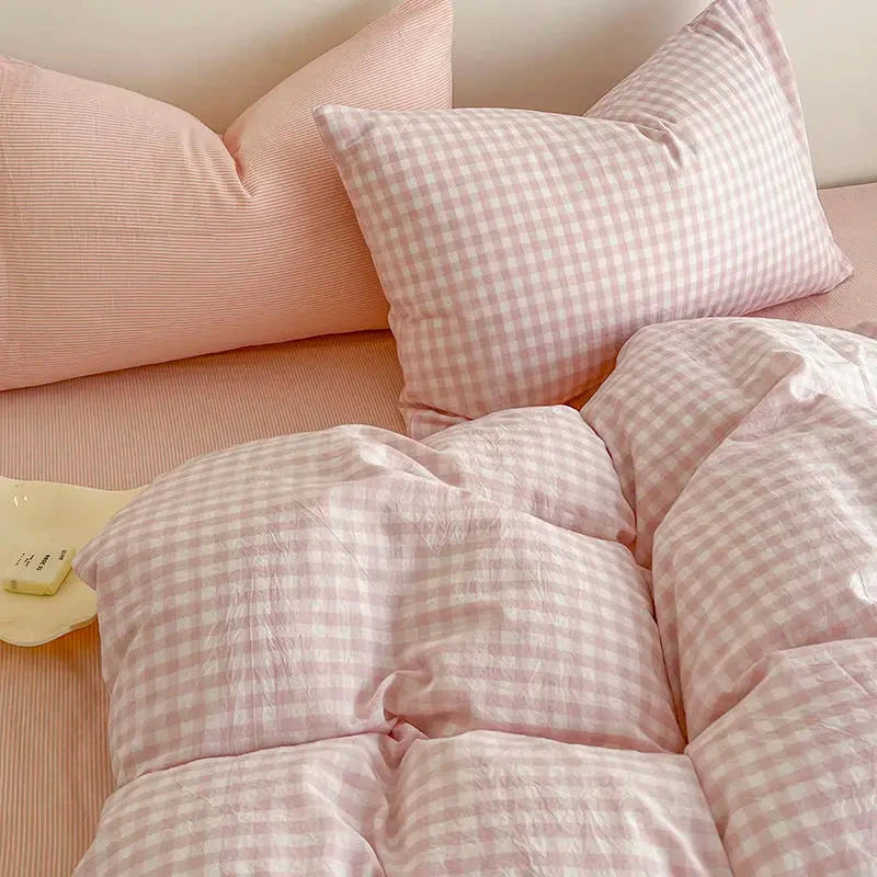 kawaiies-softtoys-plushies-kawaii-plush-Pastel Pink Blue Gray Checkered Polyester Bedding Set with Bed Sheet Home Decor