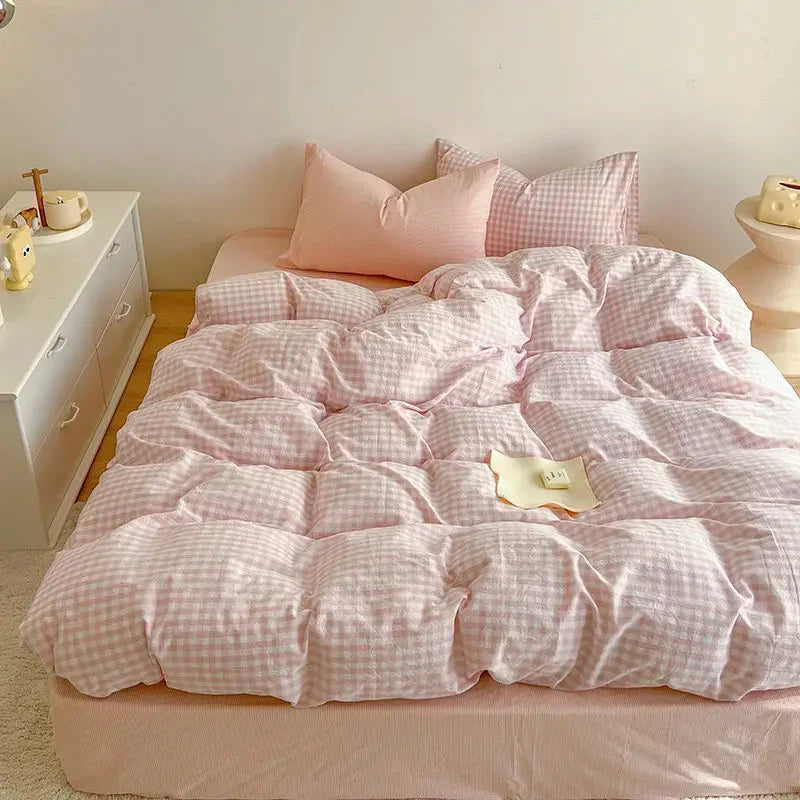 kawaiies-softtoys-plushies-kawaii-plush-Pastel Pink Blue Gray Checkered Polyester Bedding Set with Bed Sheet Home Decor