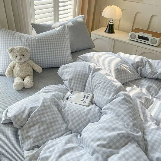 kawaiies-softtoys-plushies-kawaii-plush-Pastel Pink Blue Gray Checkered Polyester Bedding Set with Bed Sheet Home Decor Blue Twin