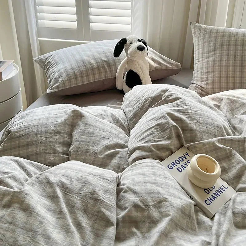 kawaiies-softtoys-plushies-kawaii-plush-Pastel Pink Blue Gray Checkered Polyester Bedding Set with Bed Sheet Home Decor Gray Twin