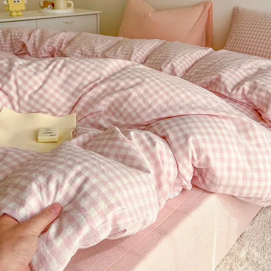 kawaiies-softtoys-plushies-kawaii-plush-Pastel Pink Blue Gray Checkered Polyester Bedding Set with Bed Sheet Home Decor Pink Twin