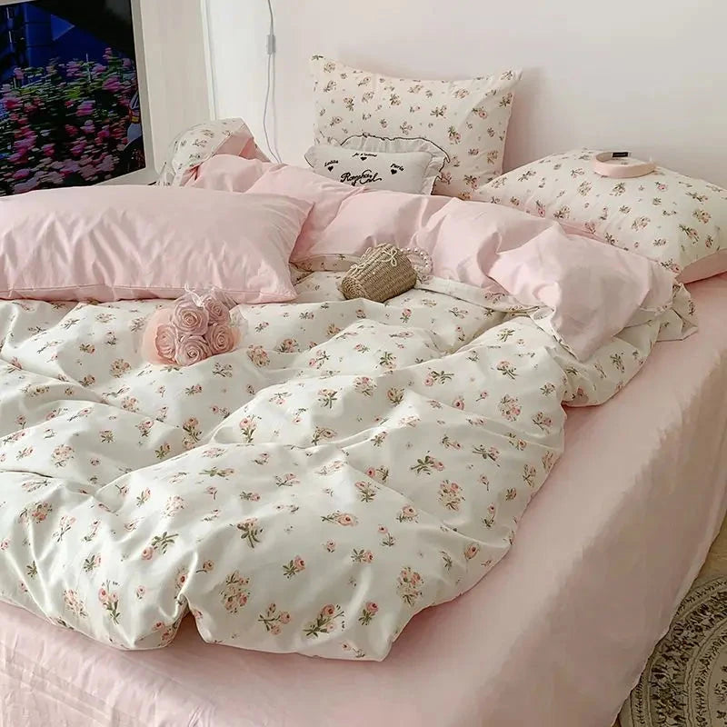kawaiies-softtoys-plushies-kawaii-plush-Pastel Pink Floral Polyester Bedding Set with Bed Sheet Home Decor Full