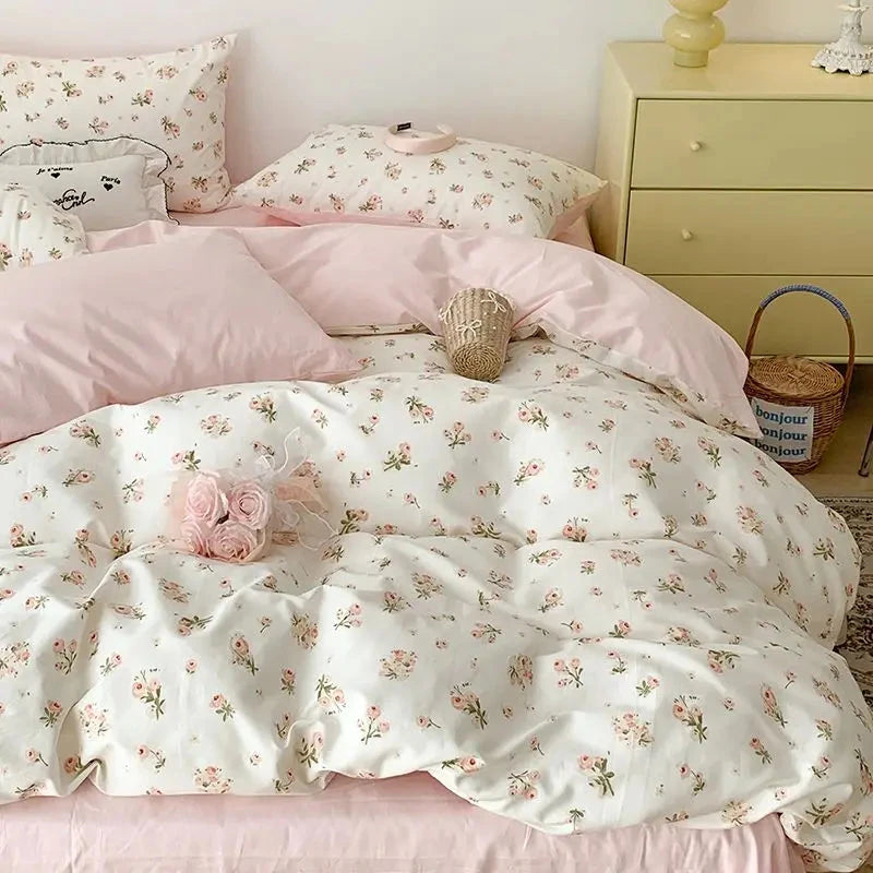 kawaiies-softtoys-plushies-kawaii-plush-Pastel Pink Floral Polyester Bedding Set with Bed Sheet Home Decor Single