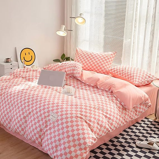 kawaiies-softtoys-plushies-kawaii-plush-Pastel Pink Purple Checked Plaid Bedding Set Bedding Sets Pink Single